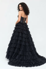 A-Line Sweetheart Tiered Tulle Prom Dress with Slit