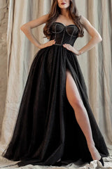 Black Shiny Tulle Floor Length Prom Dress Black Evening Dress with Slit