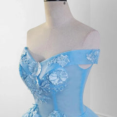 Sky Blue Tulle 3D Flowers Quinceanera Dresses With Train