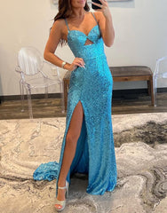Sheath Spaghetti Strap Sequin Prom Dress with Slit