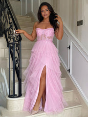 A-Line Tulle Blush Tiered Long Corset Strapless Prom Dress with Appliques