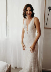 Bohemian Lace wedding Dresses Mermaid V-Neck Backless Bridal Gowns