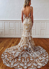 Boho Lace Open Back Sleeveless Appliqued Beach Sexy Wedding Dress