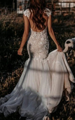 Boho Mermaid Wedding Dress Floral V-neck Casual Gown with Open Back and Lace Appliques