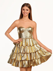 A-Line Sweetheart Gold Metallic Ruffle Homecoming Dress