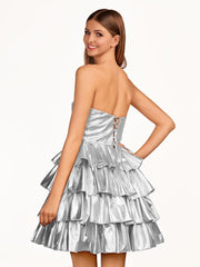 A-Line Sweetheart Gold Metallic Ruffle Homecoming Dress