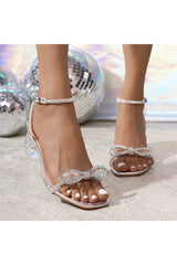 Bow-Detail Crystal-Embellished Transparent Strappy Block Heels