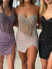 Black - Sparkly Bodycon Strapless Sequins Short Homecoming Dresses With Beadings