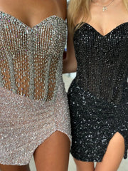 Black - Sparkly Bodycon Strapless Sequins Short Homecoming Dresses With Beadings