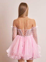 A-Line Pink Sweetheart Ruffled Short Homecoming Dress