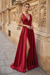 Burgundy V Neck Lace Long Prom Evening Dress with High Slit
