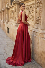 Burgundy V Neck Lace Long Prom Evening Dress with High Slit