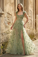 A-line Butterfly Lace Lilac Corset Prom Dress with Slit