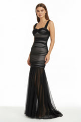 Black Off The Shoulder Mermaid Tulle Pleated Long Formal Prom Dresses