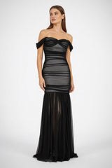 Black Off The Shoulder Mermaid Tulle Pleated Long Formal Prom Dresses