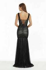 Black Off The Shoulder Mermaid Tulle Pleated Long Formal Prom Dresses