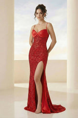 Red Spaghetti Straps Sequins Mermaid Long Formal Prom Dresses With Slit