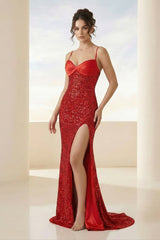 Red Spaghetti Straps Sequins Mermaid Long Formal Prom Dresses With Slit