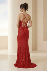 Red Spaghetti Straps Sequins Mermaid Long Formal Prom Dresses With Slit