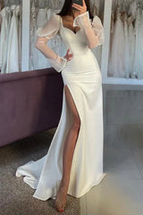 Casual Sweetheart Long Sleeve Satin With Side Slit Beach Wedding Dress