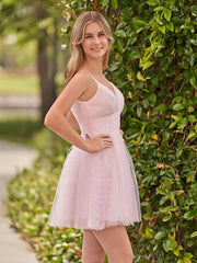 A-Line Deep V Neck Ruched Short Homecoming Dress