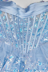 Sky Blue Strapless A Line Sequined Lace Long Formal Prom Dresses With Ruffles