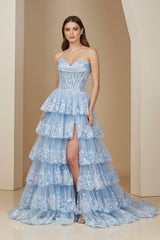 Sky Blue Strapless A Line Sequined Lace Long Formal Prom Dresses With Ruffles