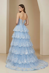 Sky Blue Strapless A Line Sequined Lace Long Formal Prom Dresses With Ruffles