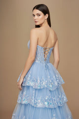 Sky Blue Strapless A Line Sequined Lace Long Formal Prom Dresses With Ruffles