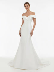 Chic Satin Off the Shoulder Sleeveless Sweep-Train Bridal Dress