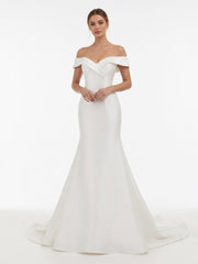 Chic Satin Off the Shoulder Sleeveless Sweep-Train Bridal Dress