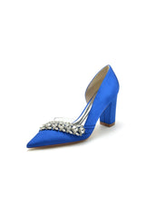 Chic Satin Pointed Toe Slip-on Chunky Heels With Rhinestone