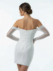 Chic Short Sequined Backless Wedding Dress With Long Detachable Sleeves