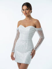 Chic Short Sequined Backless Wedding Dress With Long Detachable Sleeves