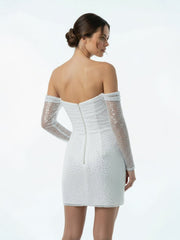 Chic Short Sequined Backless Wedding Dress With Long Detachable Sleeves