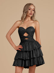 Black - A Line Sweetheart Satin Cut Out Ruffled Homecoming & Cocktail Dresses with Beads