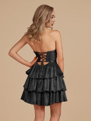 Black - A Line Sweetheart Satin Cut Out Ruffled Homecoming & Cocktail Dresses with Beads