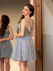 A Line Sweetheart Tulle Floral Short Homecoming Dress