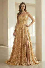 Gold Strapless A Line Sequined Lace Formal Prom Dresses With Slit