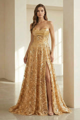 Gold Strapless A Line Sequined Lace Formal Prom Dresses With Slit
