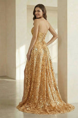 Gold Strapless A Line Sequined Lace Formal Prom Dresses With Slit