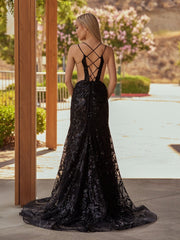 Black Lace Applique High Slit Criss Cross Back Mermaid Prom Dress