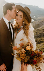 A-Line Sleeved Chiffon Wedding Dress with Sweep Train and Slit