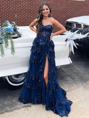 Sweetheart Navy Blue Appliques A-line Ruffle Long Prom Dress