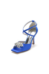 Crystal Buckle Square Open Toe Cross Straps Chunky Heels