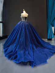 Navy Blue Sweetheart Tulle Quinceanera Dresses With Beadings