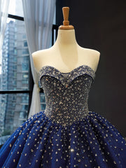 Navy Blue Sweetheart Tulle Quinceanera Dresses With Beadings