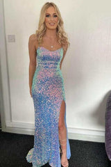 Mermaid Spaghetti Straps Blue Sequins Long Prom Dresses with Slit
