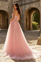 Coral Spaghetti-Straps A Line Tulle Prom Dress With Appliques