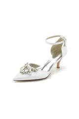Pointed Toe Satin Kitten Heels With Rhinestone